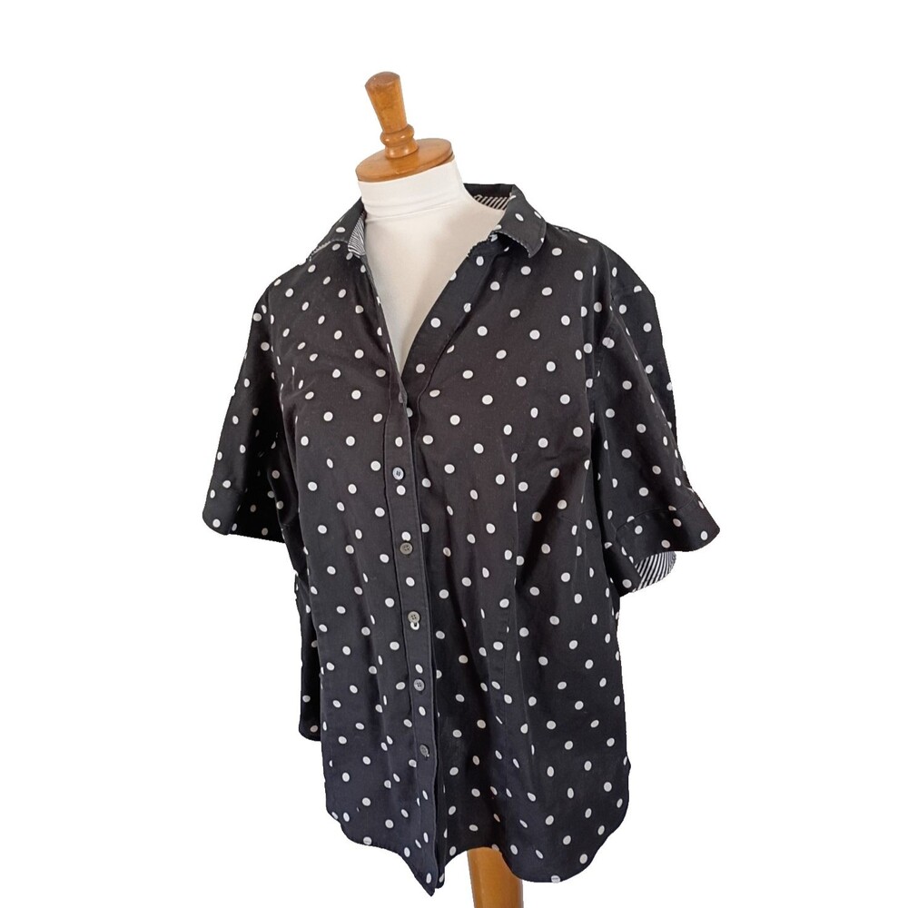 TALBOTS Black/White Polka Dot Short Sleeve Cotton Button Shirt Size 20